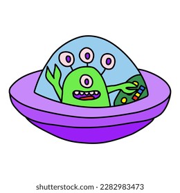 Friendly cartoon alien in spaceship or ufo, waving hand, doodle style vector