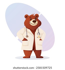 A friendly cartoon bear in a medical coat with a stethoscope around its neck, smiling and looking professional. Vector illustration.  
