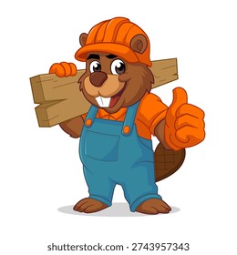 Friendly Cartoon Beaver Carpenter Wearing Helmet and Holding Wood Planks