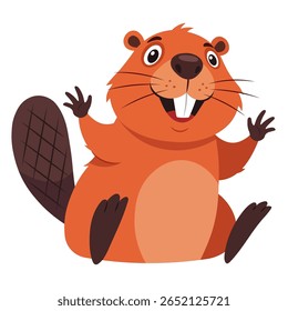 Um castor de desenho animado está sentado e acenando alegremente. Um personagem animal bonito e alegre para um cartão de felicitações, mascote de boas-vindas ou ilustração infantil. Vetor isolado em um fundo branco.