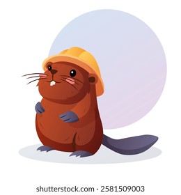 A friendly cartoon beaver wearing a yellow construction helmet and work gloves stands with a confident smile. Vector illustration.  
