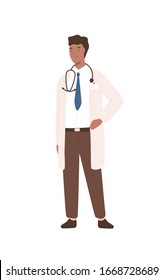 Friendly cartoon black male doctor in white coat standing isolated on white background. Positive man professional physician in stethoscope vector flat illustration. Medical staff in uniform