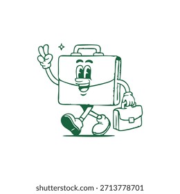 A friendly cartoon briefcase character walks cheerfully, holding a smaller briefcase and making a peace sign.