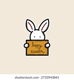 A friendly cartoon bunny peeks over a brown sign that reads 'happy easter'. Bright, playful sticker-style illustration ideal for Easter campaigns, spring promotions, greeting cards, and family-friendly content.