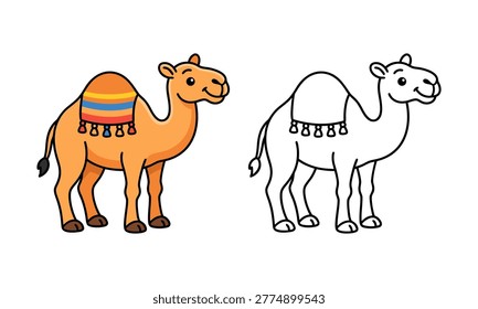A friendly cartoon camel with a colorful saddle next to its outline version, perfect for children's coloring activities, educational materials, or animal-themed designs.