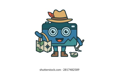 A friendly cartoon camera character dressed as an explorer, holding a map and a pickaxe, ready for an adventurous photography expedition.