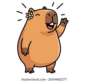 Capivara amigável de desenho animado acenando com um sorriso feliz. Personagem bonito com uma flor margarida, simbolizando bondade e vibrações positivas. Mascote vetorial perfeito para uma marca, comunidade ou cartão de felicitações. 