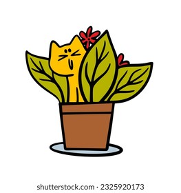 Friendly cartoon cat hides in the leaves of  house plant. Vector illustration of a cute pet peeking out of flowers. Isolated on white background.