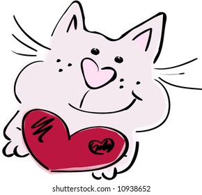 Friendly cartoon cat holding a big heart (vector)