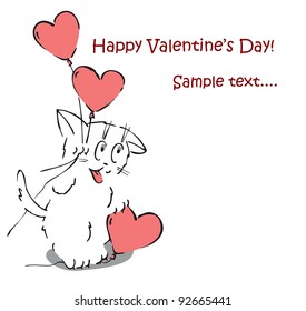 Friendly cartoon cat holding a big heart and balloon.Vector.