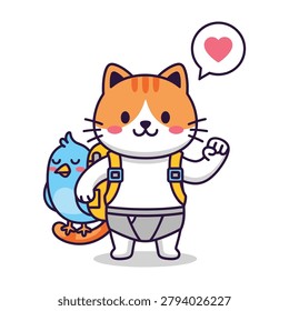 Friendly cartoon cat with orange fur and backpack holds a blue bird outdoors, conveying adventure and friendship