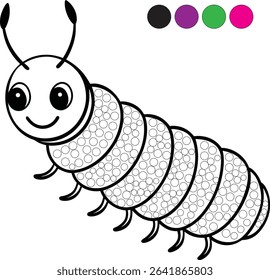 A friendly cartoon caterpillar illustration with circles for dot marker coloring, accompanied by a black, purple, green, and pink color palette.