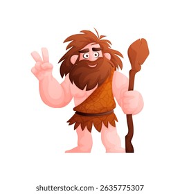 A friendly cartoon caveman in a simple animal skin outfit stands smiling. He gives a peace sign with one hand and holds a club in the other. The image is isolated on a white background.