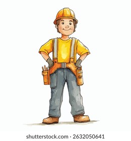 A friendly cartoon character, dressed in a bright yellow hard hat, shirt, and overalls. The worker is depicted with a cheerful expression and is equipped with tools in pockets on his utility belt.