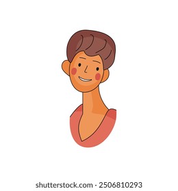 Friendly cartoon character with short hair and a warm smile on a simple background