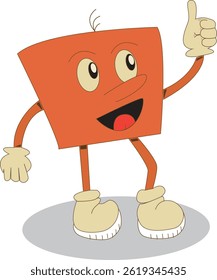 Friendly cartoon character with a square orange head, smiling and giving a thumbs-up gesture. Cute design with big expressive eyes, wearing gloves and boots. Fun, playful, and positive character