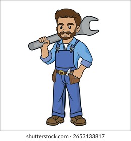 Cartoon amigável Chibi mecânico em macacão azul Personagem Handyman segurando uma chave inglesa
