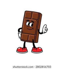 A friendly cartoon chocolate bar with arms, legs, and a smiling face, wearing red shoes and white gloves, giving a positive thumbs up.