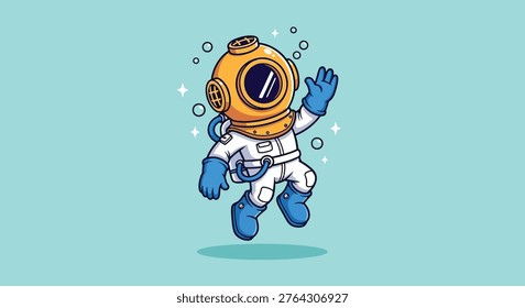 A friendly cartoon deep sea diver in a vintage suit waves happily while floating in the blue ocean with bubbles around him