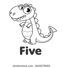 Friendly cartoon dinosaur outline features big eyes and a playful tail, presented above the word Five in a bold font, ideal for educational resource material.