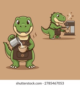 A friendly cartoon dinosaur wearing an apron pours milk into a coffee cup, while another dinosaur operates a coffee machine in the background.