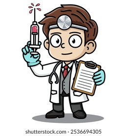 Un simpático personaje de un doctor de dibujos animados sosteniendo una jeringuilla y un Portapapeles, con una bata blanca, un estetoscopio y un espejo en la cabeza. Ideal para contenido médico, educación sanitaria y campañas de vacunación.