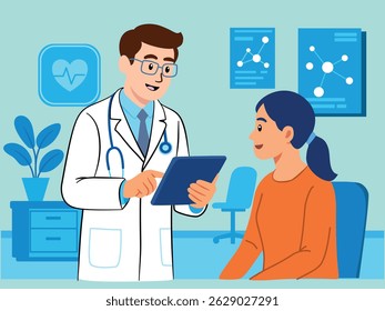 Friendly cartoon doctor discussing health information with a female patient using a digital tablet. Healthcare communication and medical consultation concept in a clinic setting.