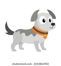Amigável cão de desenho animado com um colar e charme em um fundo branco