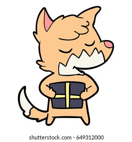 friendly cartoon fox with christmas present