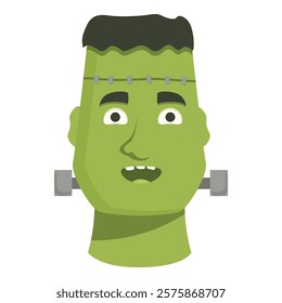 Friendly cartoon frankenstein monster is smiling happily with scars and bolts