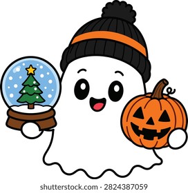 Friendly cartoon ghost wearing a winter hat holding a snow globe and a jack o lantern pumpkin