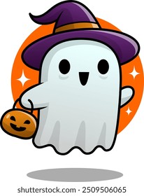 Friendly Cartoon Ghost with Witch Hat and Pumpkin Basket