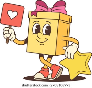 Friendly cartoon gift box character mascot vector illustration. Yellow present with pink bow holds like heart sign leaning on gold star. Perfect for customer reviews and social media promotions
