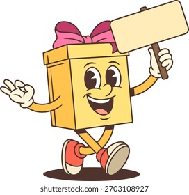 Friendly cartoon gift box mascot character vector illustration. Waving and holding blank sign for text. Festive design for advertising promotion birthday holiday sale. Joyful celebration party