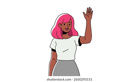 A Friendly Cartoon Girl with Pink Hair is Waving Her Hand Happily Animated