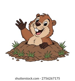 A friendly cartoon groundhog peeks out from its burrow in a grassy environment, exuding joy and warmth. Ideal for children's books, educational materials, marketing, and nature-themed designs.
