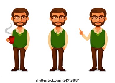 friendly cartoon guy in casual clothes. Cool young man in green vest holding a cup of coffee or gesturing. Cartoon character, isolated on white. Vector eps file.