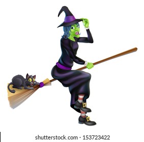 A friendly cartoon Halloween witch flying on her broom stick with her cute black cat