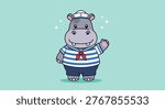 A friendly cartoon hippo dressed as a sailor, waving hello with a cheerful expression.