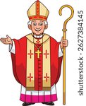 Friendly cartoon illustration of a Christian bishop in traditional vestments, including a mitre and chasuble, holding a crosier. 