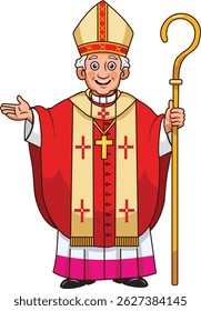 Friendly cartoon illustration of a Christian bishop in traditional vestments, including a mitre and chasuble, holding a crosier. 