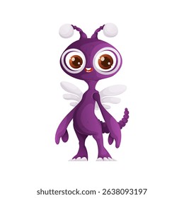 A friendly cartoon illustration features a purple alien, with large, expressive eyes, tiny wings, and a unique segmented tail. It stands on white background.