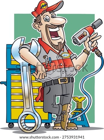 Friendly cartoon illustration featuring a cheerful mechanic mascot designed for automotive service branding and repair industry promotion. The character appears confident and approachable while wearing a professional uniform and matching cap that suggests affiliation with a workshop, maintenance center, or vehicle service business. The outfit gives the mascot a recognizable identity often used by companies seeking a memorable visual representative for their brand.

The character holds an air-powered tool similar to an impact wrench, a device commonly used by technicians to quickly tighten or loosen wheel nuts and heavy bolts. This detail emphasizes mechanical expertise, practical skill, and professional equipment used in modern vehicle maintenance environments. Beside the character stands a large traditional wrench that reinforces the overall theme of technical repair work and mechanical problem solving.

Behind the mascot appears a bright yellow tool cabinet containing multiple drawers typically used for storing repair equipment and workshop supplies. Organized tool storage is a key element of professional service environments where efficiency and accessibility help technicians complete tasks quickly. The cabinet adds depth to the composition while visually representing a well-equipped workshop setting.

Also visible in the scene is a blue jack stand, a piece of equipment widely worked in garages to safely support automobiles during inspection or repair. This object symbolizes safety, reliability, and professional working conditions found in automotive service centers. Together with the other tools, the scene creates a recognizable environment associated with mechanical maintenance and technical expertise.

The artwork follows a clean cartoon vector style with bold outlines, expressive character design, and balanced color elements. This approach makes the mascot visually engaging while remaining easy to recognize across different media formats.