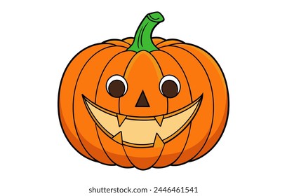 Friendly cartoon jack-o-lantern. Smiling carved pumpkin character. Vector illustration isolated on white backdrop. Concept of Halloween, kid-friendly decor, festive spirit, and joyful celebration.