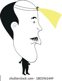 a friendly cartoon of a male electrician with a mustache a large head with a flashlight and a small torso