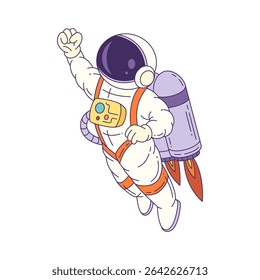 Friendly cartoon mascot astronaut flying in outer space wearing a white suit with helmet and jet pack. Perfect for space-themed events, merchandise, and educational projects. Vector illustration