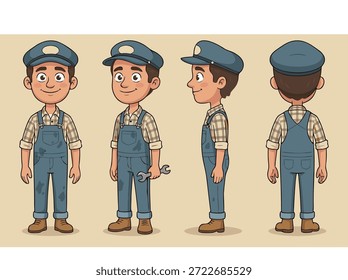 Um personagem mecânico amigável de desenhos animados mostrado a partir de vários ângulos: frente, lado e vistas de trás. Ele está usando macacão e segurando uma chave inglesa.
