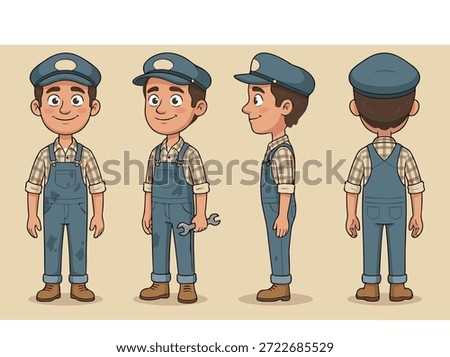 A friendly cartoon mechanic character shown from multiple angles: front, side, and back views. He is wearing overalls and holding a wrench.