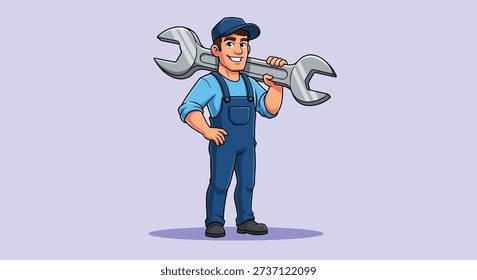 A friendly cartoon mechanic in overalls and a cap stands with a large wrench across his shoulders, ready for work.