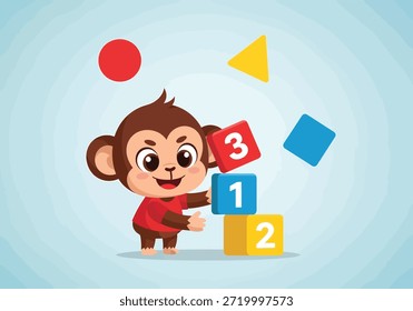Um macaco de animação amigável brinca com blocos numerados para aprender